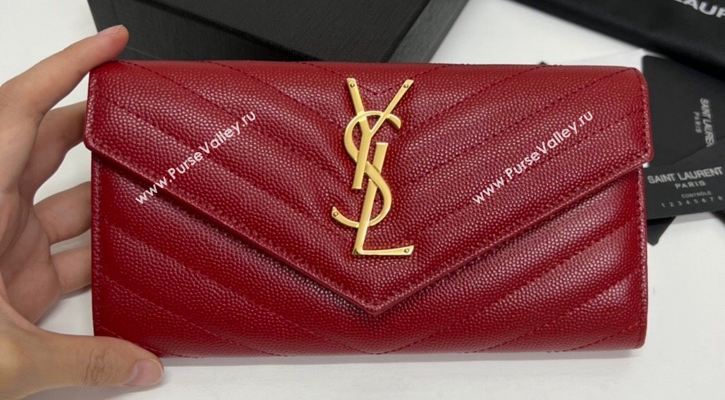 Saint Laurent Cassandre Matelasse Large Flap Wallet In Grain De Poudre Embossed Leather 372264 Red/Gold (nana-24022126)