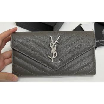 Saint Laurent Cassandre Matelasse Large Flap Wallet In Grain De Poudre Embossed Leather 372264 Gray/Silver (nana-24022127)