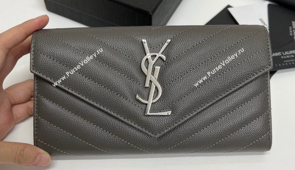 Saint Laurent Cassandre Matelasse Large Flap Wallet In Grain De Poudre Embossed Leather 372264 Gray/Silver (nana-24022127)