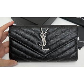 Saint Laurent Cassandre Matelasse Large Flap Wallet In Grain De Poudre Embossed Leather 372264 Black/Silver (nana-24022123)