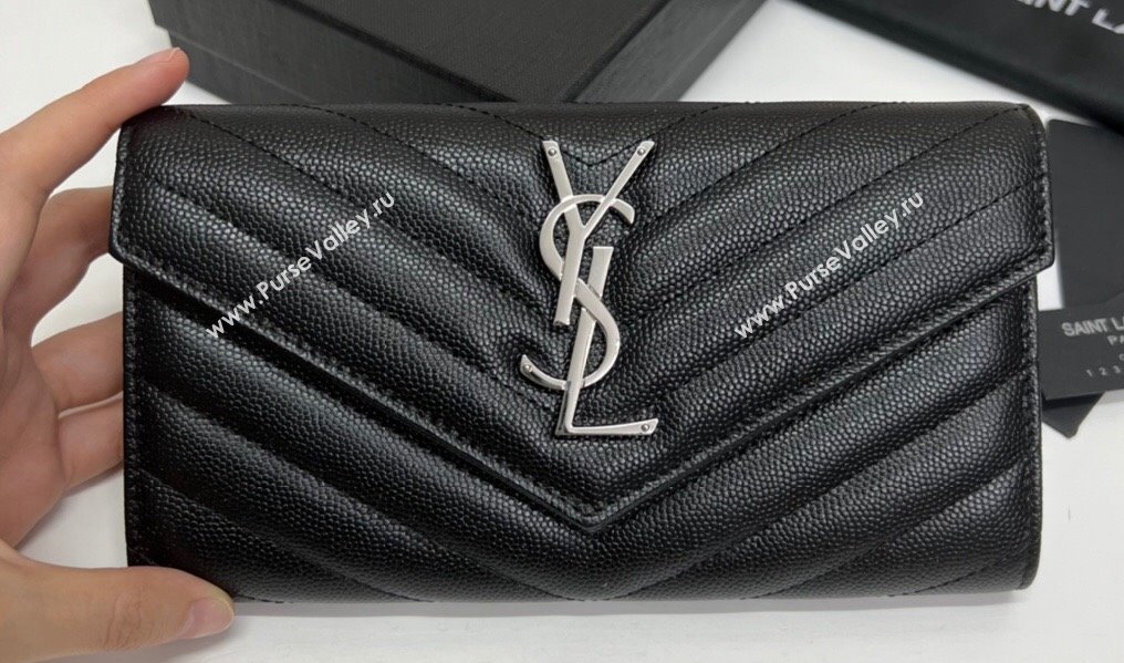Saint Laurent Cassandre Matelasse Large Flap Wallet In Grain De Poudre Embossed Leather 372264 Black/Silver (nana-24022123)