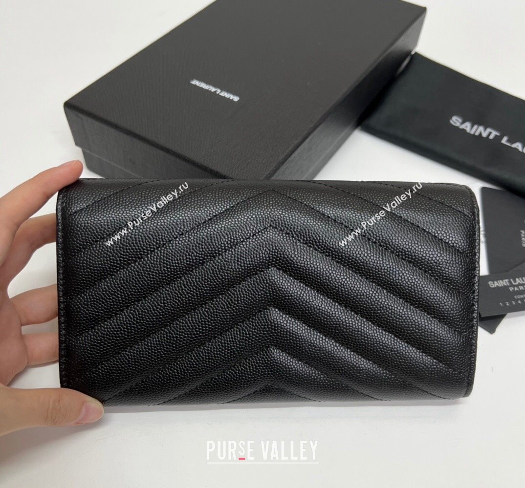 Saint Laurent Cassandre Matelasse Large Flap Wallet In Grain De Poudre Embossed Leather 372264 Black/Silver (nana-24022123)