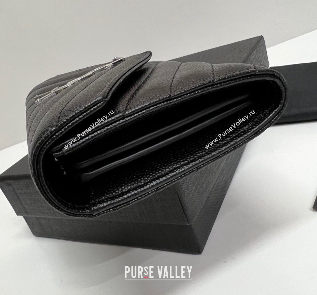 Saint Laurent Cassandre Matelasse Large Flap Wallet In Grain De Poudre Embossed Leather 372264 Black/Silver (nana-24022123)
