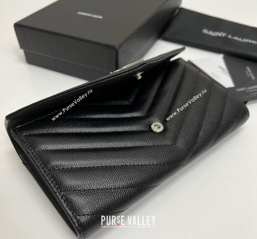 Saint Laurent Cassandre Matelasse Large Flap Wallet In Grain De Poudre Embossed Leather 372264 Black/Silver (nana-24022123)