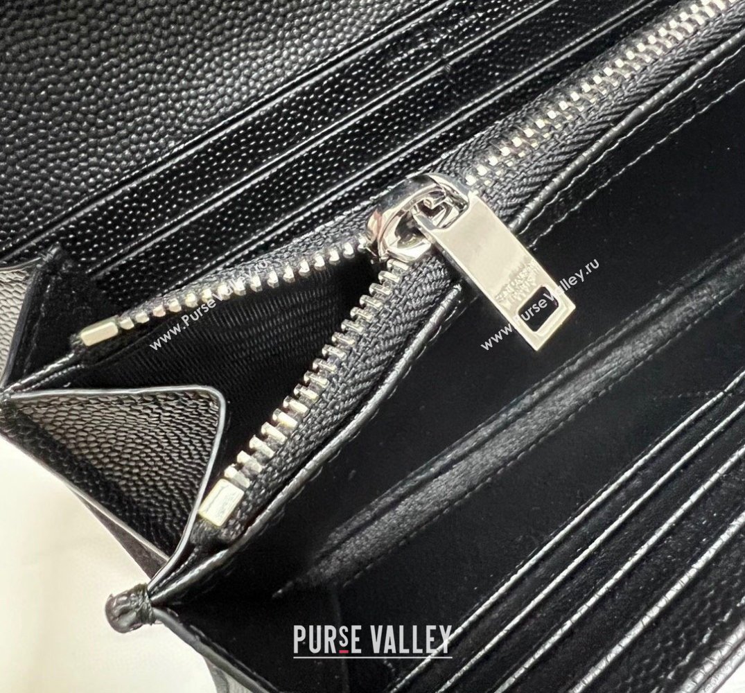 Saint Laurent Cassandre Matelasse Large Flap Wallet In Grain De Poudre Embossed Leather 372264 Black/Silver (nana-24022123)
