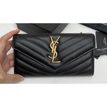 Saint Laurent Cassandre Matelasse Large Flap Wallet In Grain De Poudre Embossed Leather 372264 Black/Gold (nana-24022122)