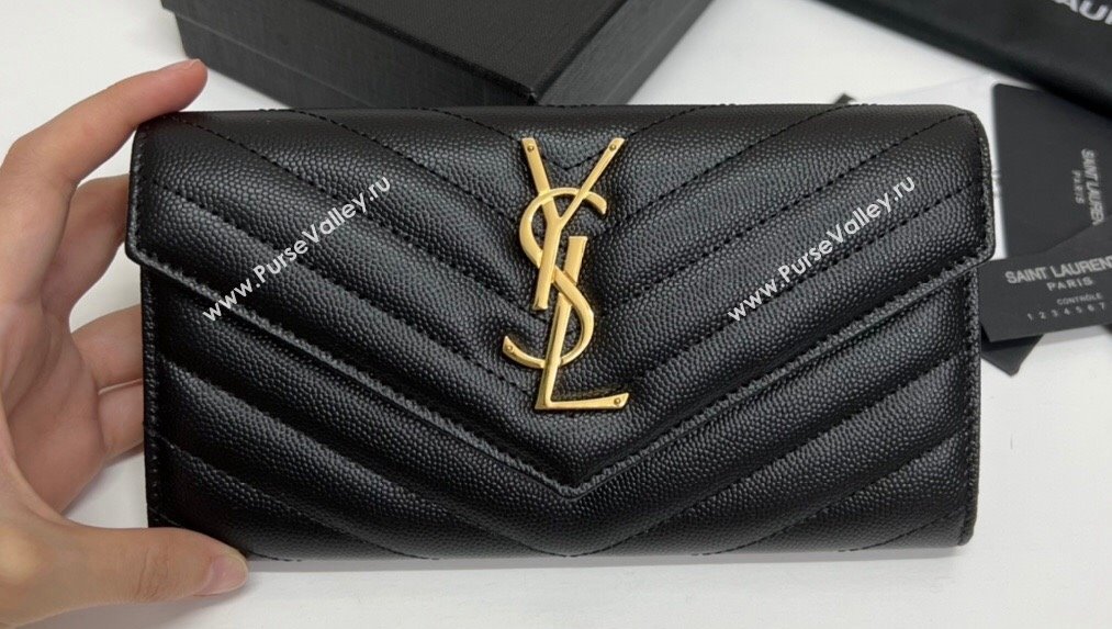 Saint Laurent Cassandre Matelasse Large Flap Wallet In Grain De Poudre Embossed Leather 372264 Black/Gold (nana-24022122)