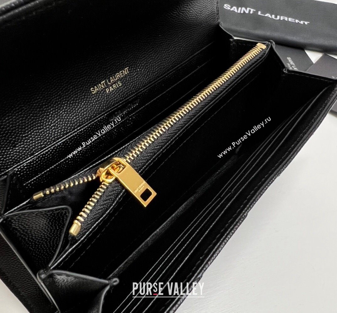 Saint Laurent Cassandre Matelasse Large Flap Wallet In Grain De Poudre Embossed Leather 372264 Black/Gold (nana-24022122)