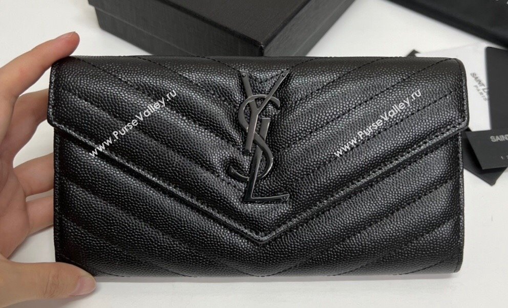 Saint Laurent Cassandre Matelasse Large Flap Wallet In Grain De Poudre Embossed Leather 372264 Black (nana-24022121)