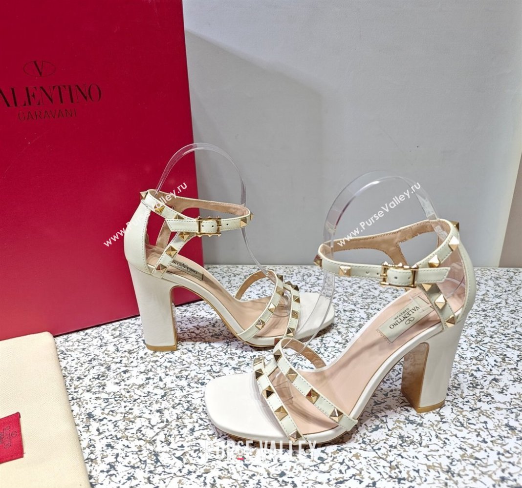 Valentino Heel 10cm Rockstud Leather Chunky-heel Sandals White (hongyang-23101255)