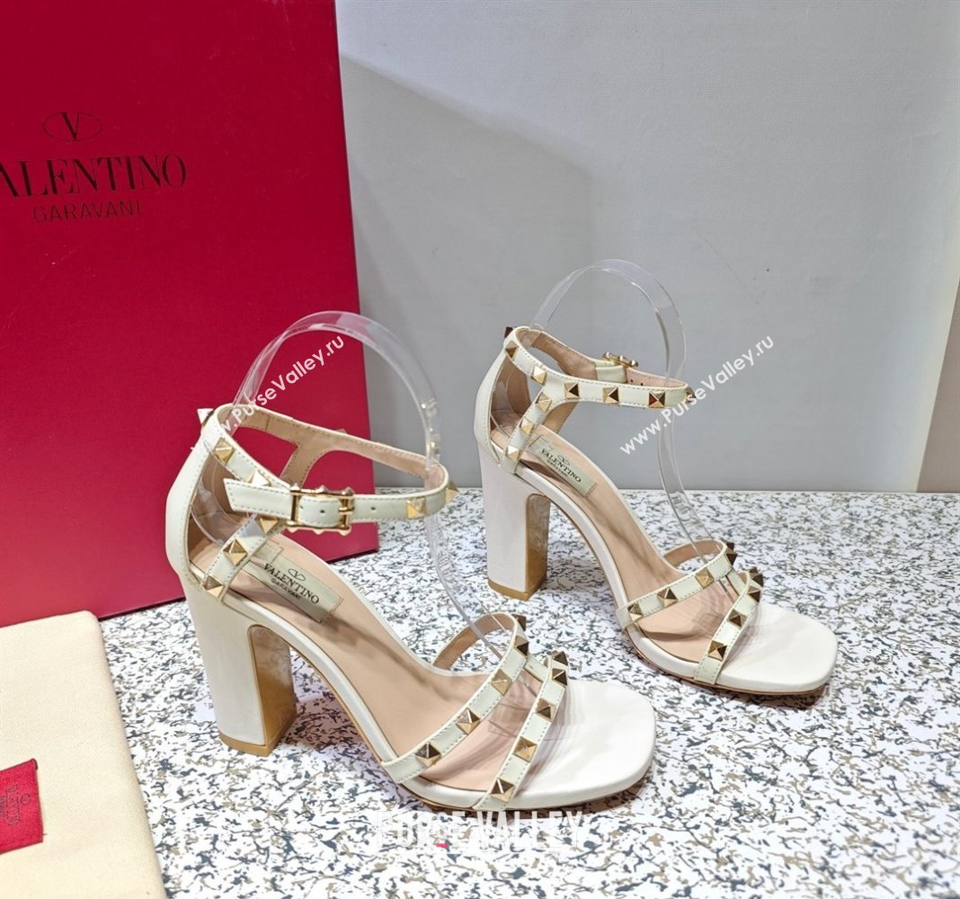 Valentino Heel 10cm Rockstud Leather Chunky-heel Sandals White (hongyang-23101255)