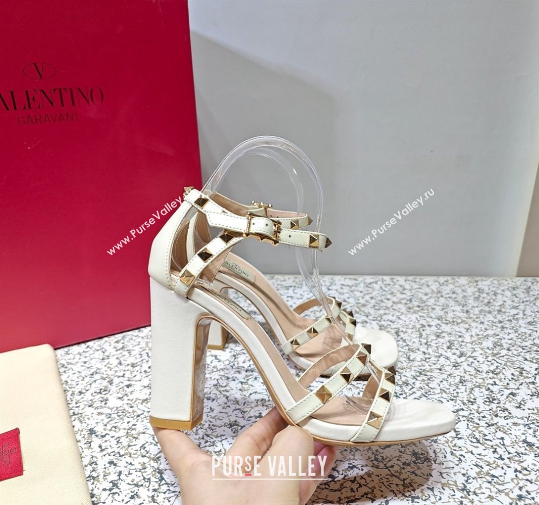 Valentino Heel 10cm Rockstud Leather Chunky-heel Sandals White (hongyang-23101255)