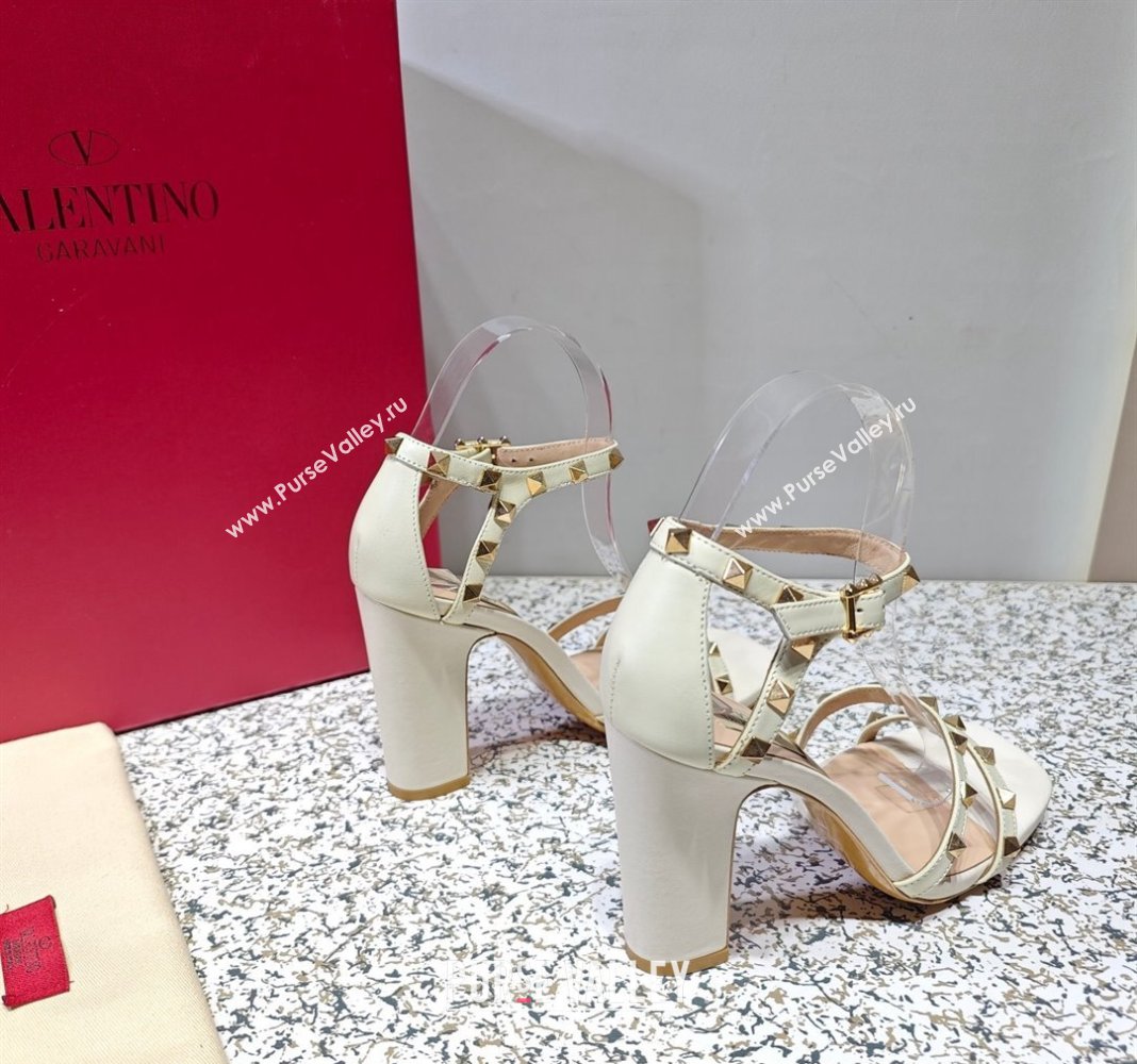 Valentino Heel 10cm Rockstud Leather Chunky-heel Sandals White (hongyang-23101255)