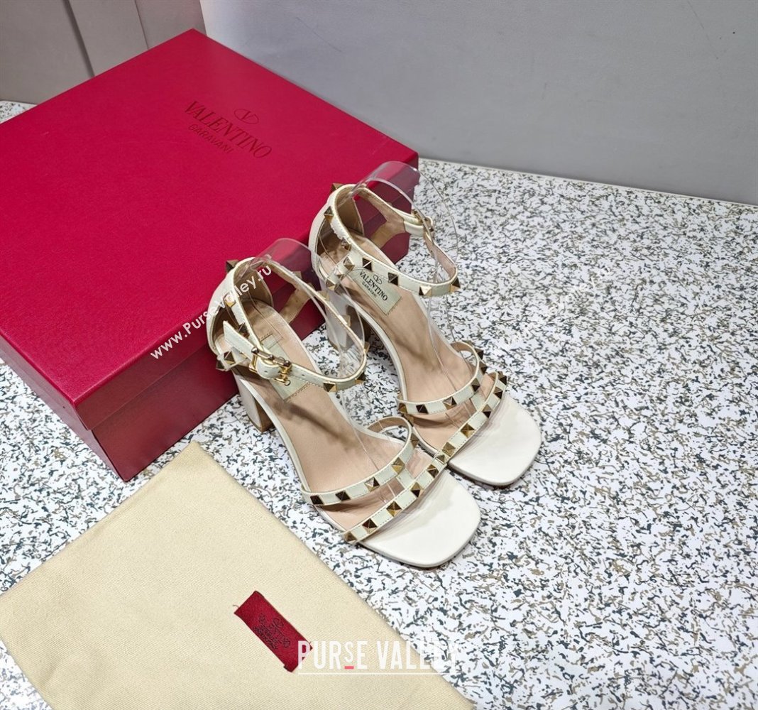 Valentino Heel 10cm Rockstud Leather Chunky-heel Sandals White (hongyang-23101255)