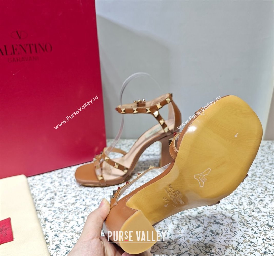 Valentino Heel 10cm Rockstud Leather Chunky-heel Sandals Brown (hongyang-23101259)