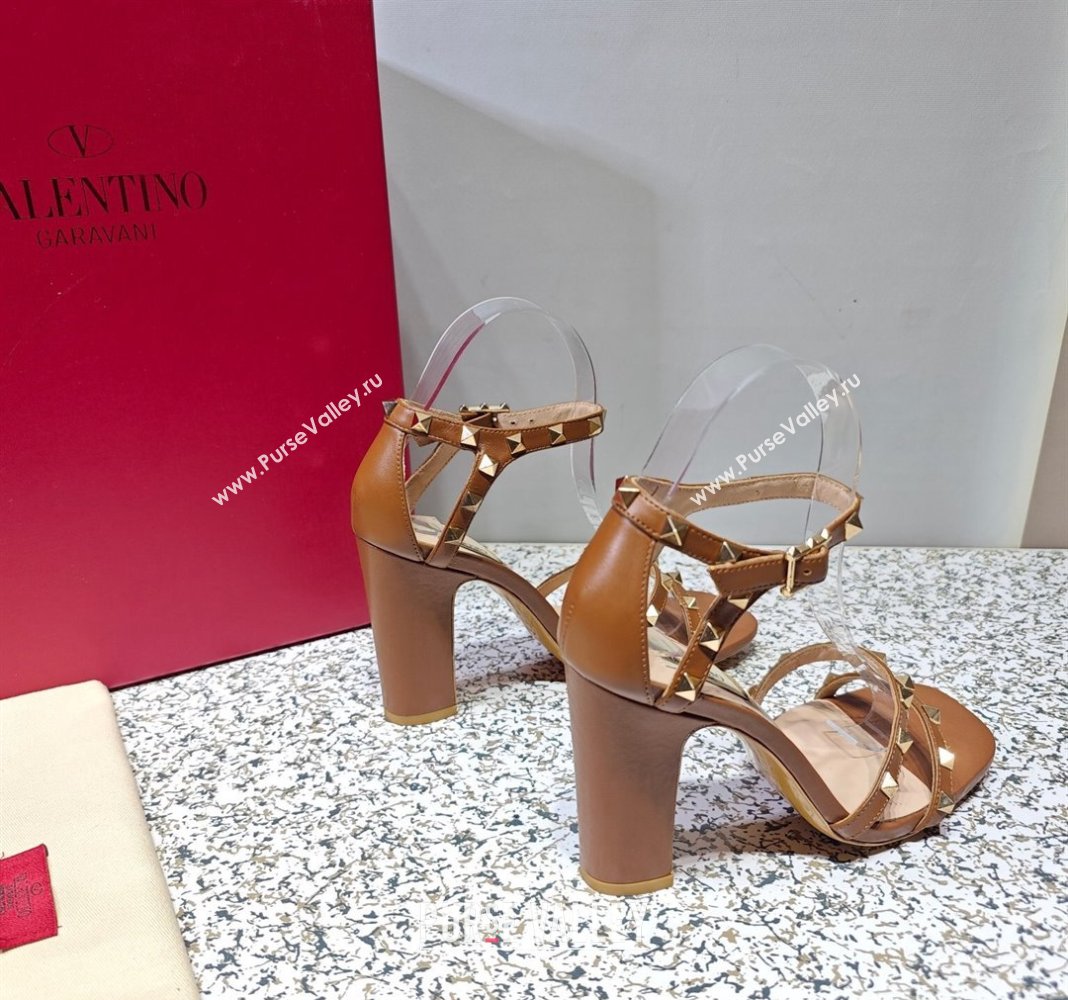 Valentino Heel 10cm Rockstud Leather Chunky-heel Sandals Brown (hongyang-23101259)