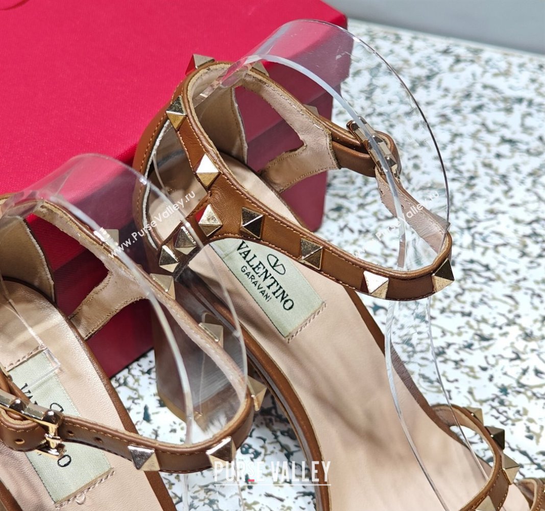 Valentino Heel 10cm Rockstud Leather Chunky-heel Sandals Brown (hongyang-23101259)