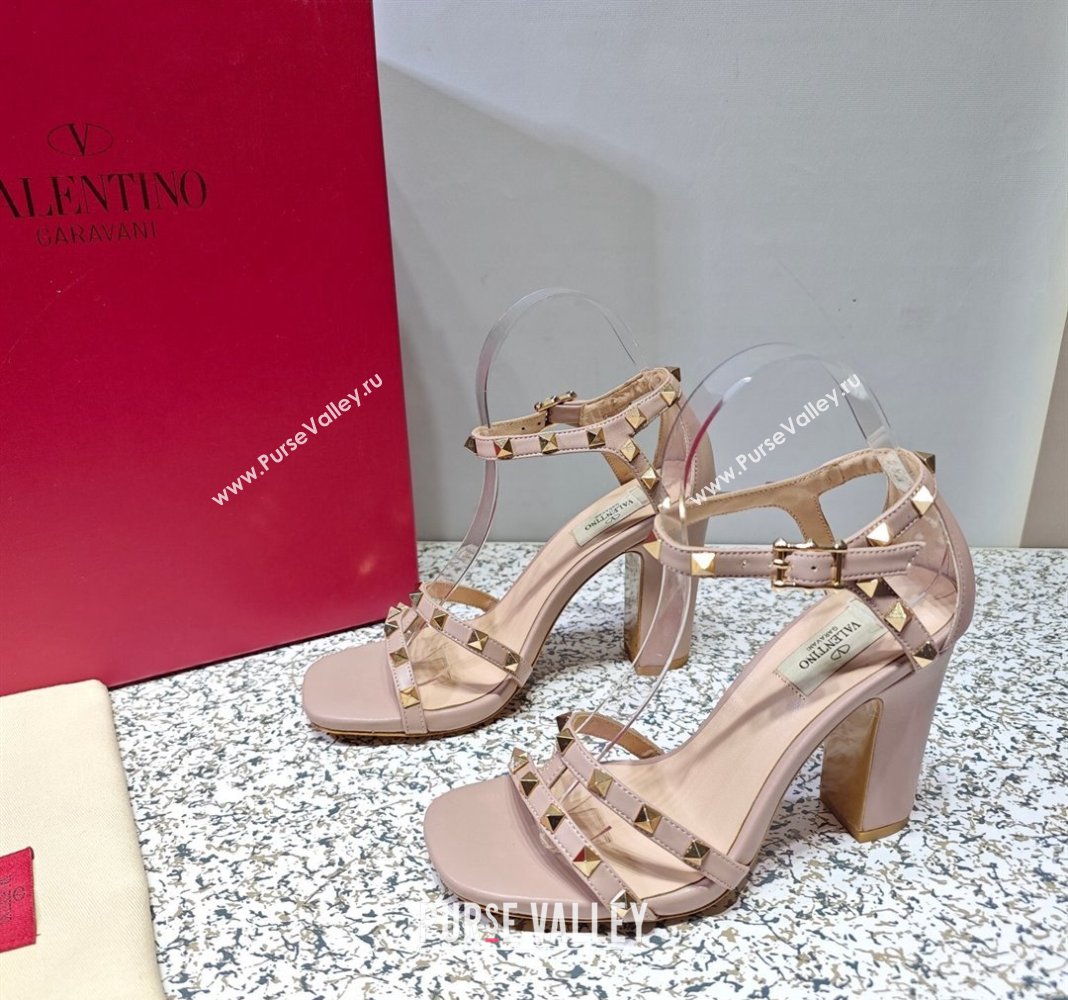 Valentino Heel 10cm Rockstud Leather Chunky-heel Sandals Nude (hongyang-23101258)