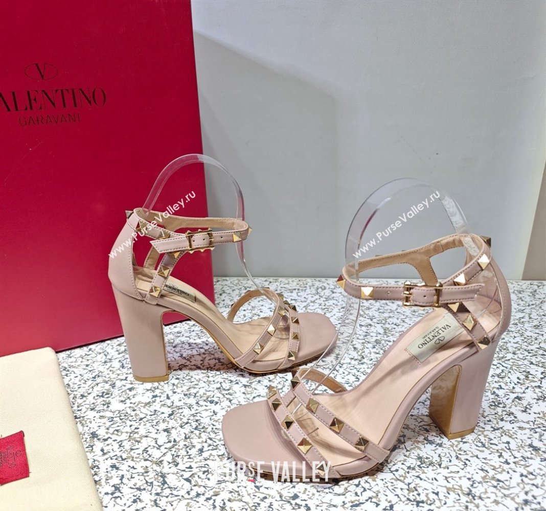 Valentino Heel 10cm Rockstud Leather Chunky-heel Sandals Nude (hongyang-23101258)