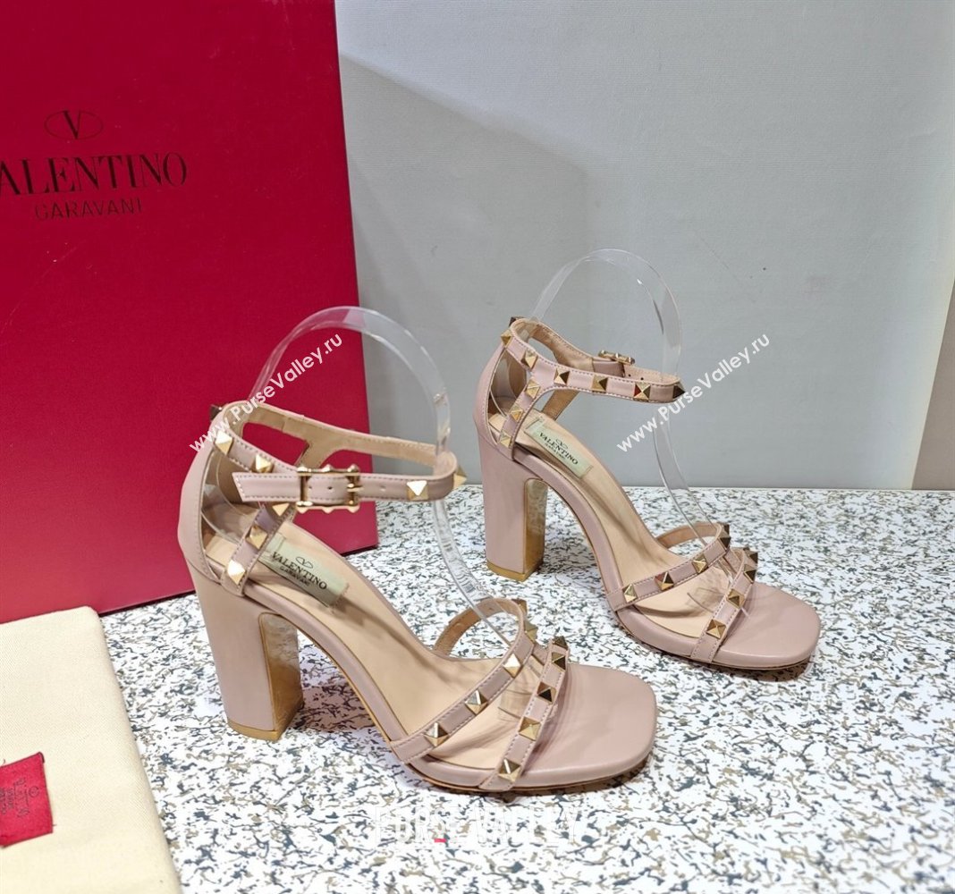 Valentino Heel 10cm Rockstud Leather Chunky-heel Sandals Nude (hongyang-23101258)