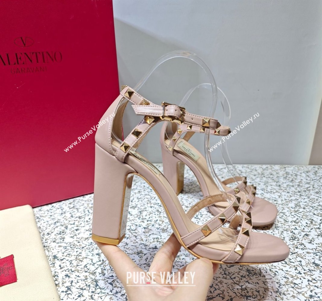 Valentino Heel 10cm Rockstud Leather Chunky-heel Sandals Nude (hongyang-23101258)