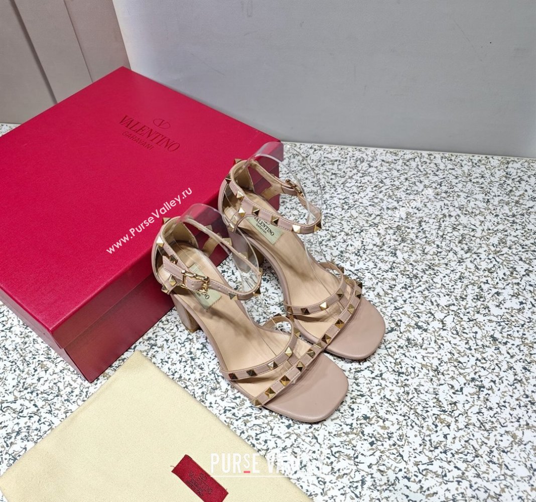 Valentino Heel 10cm Rockstud Leather Chunky-heel Sandals Nude (hongyang-23101258)