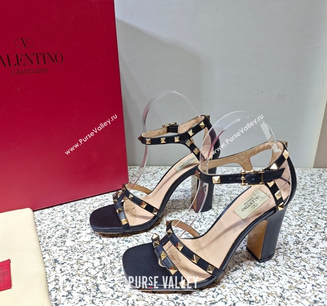 Valentino Heel 10cm Rockstud Leather Chunky-heel Sandals Black (hongyang-23101254)