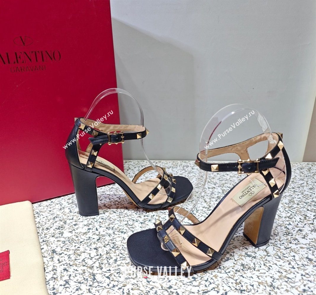 Valentino Heel 10cm Rockstud Leather Chunky-heel Sandals Black (hongyang-23101254)