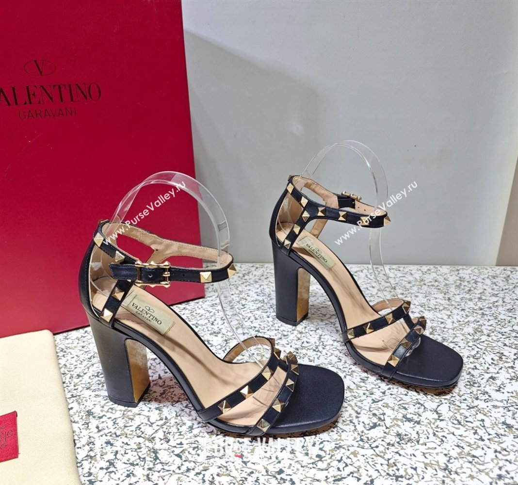 Valentino Heel 10cm Rockstud Leather Chunky-heel Sandals Black (hongyang-23101254)