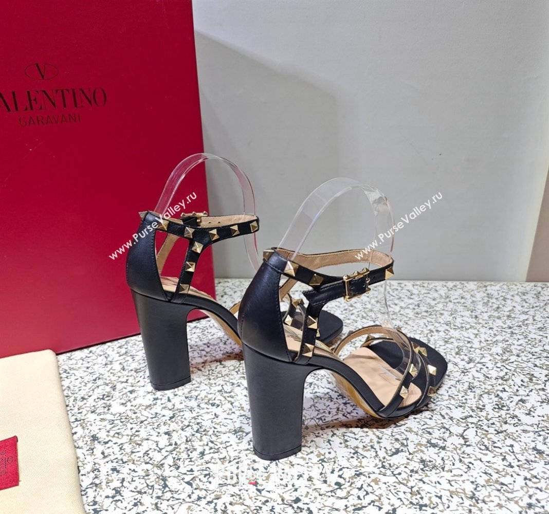 Valentino Heel 10cm Rockstud Leather Chunky-heel Sandals Black (hongyang-23101254)