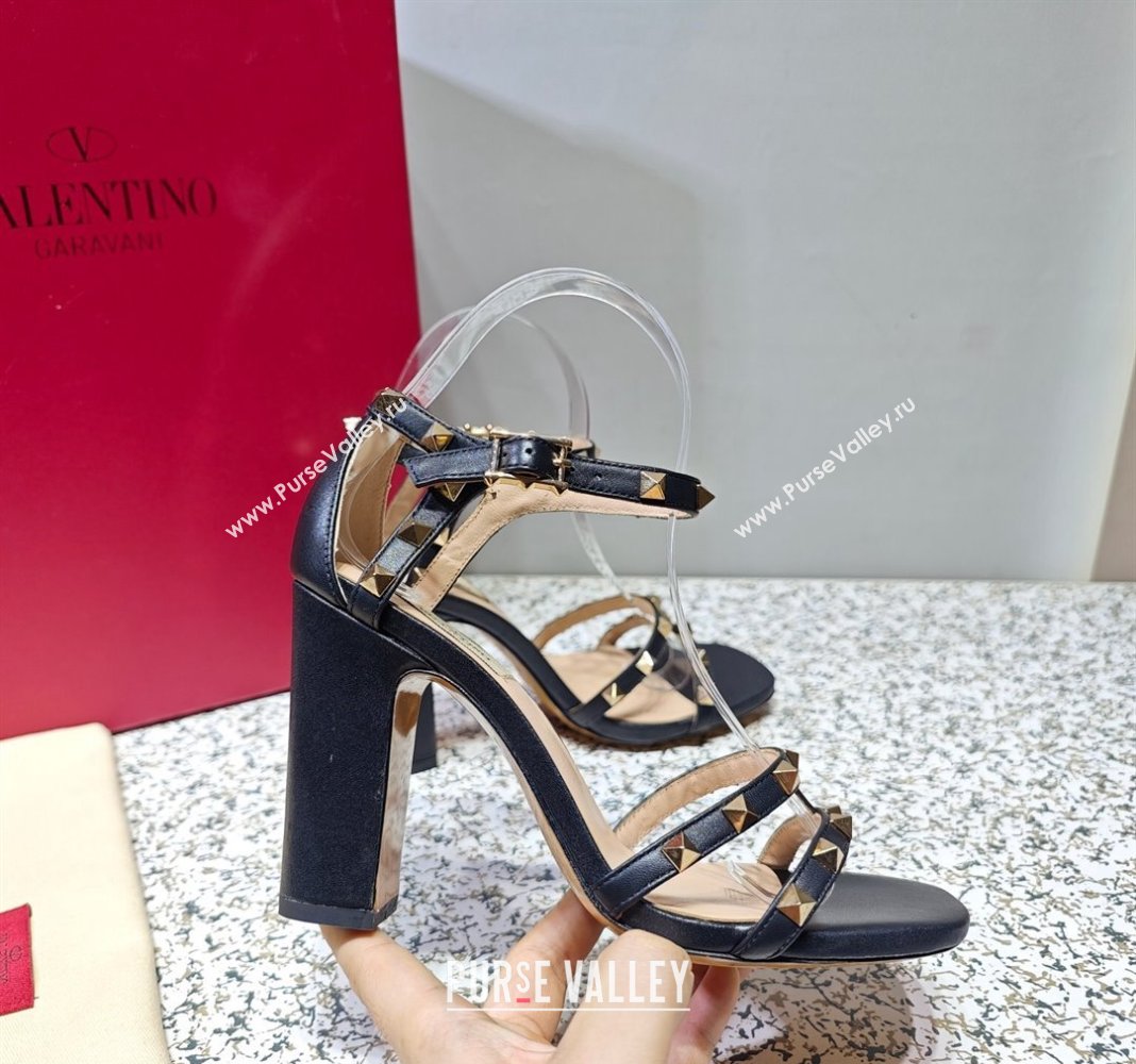 Valentino Heel 10cm Rockstud Leather Chunky-heel Sandals Black (hongyang-23101254)