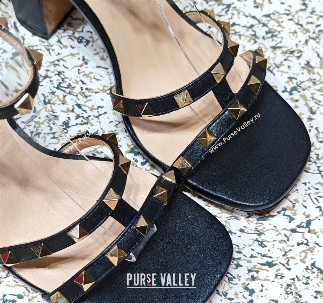 Valentino Heel 10cm Rockstud Leather Chunky-heel Sandals Black (hongyang-23101254)