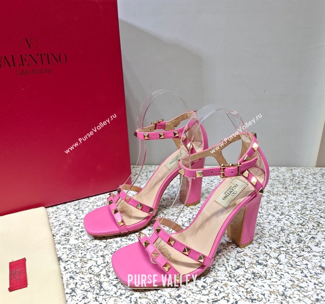 Valentino Heel 10cm Rockstud Leather Chunky-heel Sandals Pink (hongyang-23101256)