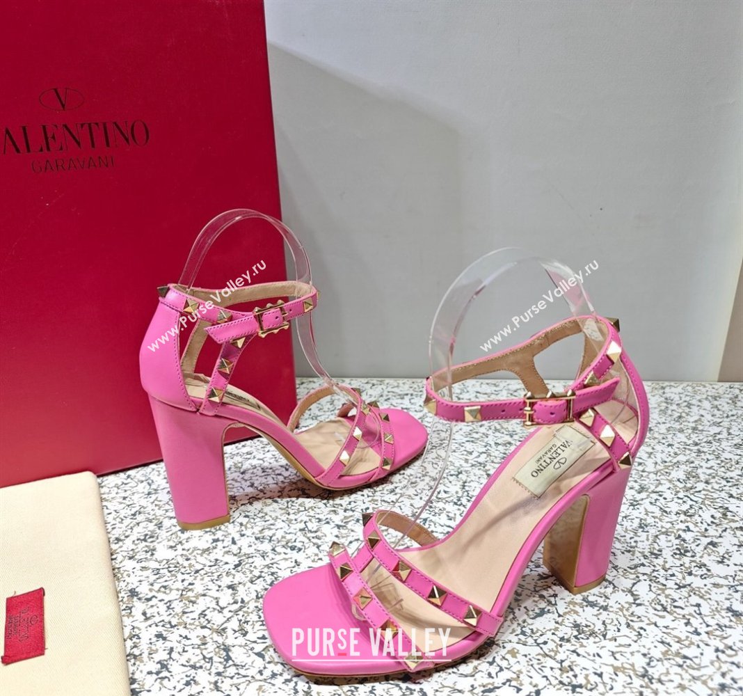 Valentino Heel 10cm Rockstud Leather Chunky-heel Sandals Pink (hongyang-23101256)