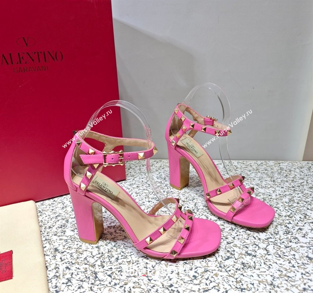 Valentino Heel 10cm Rockstud Leather Chunky-heel Sandals Pink (hongyang-23101256)