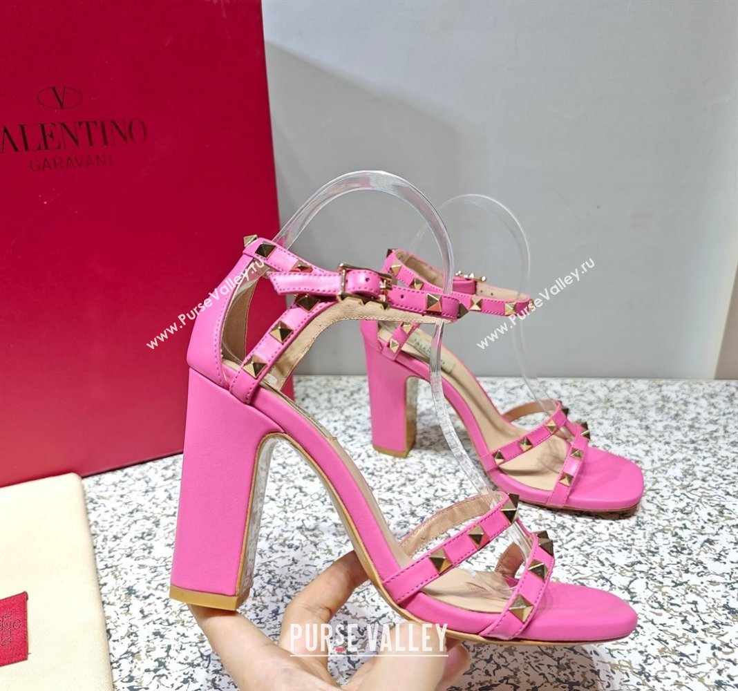 Valentino Heel 10cm Rockstud Leather Chunky-heel Sandals Pink (hongyang-23101256)