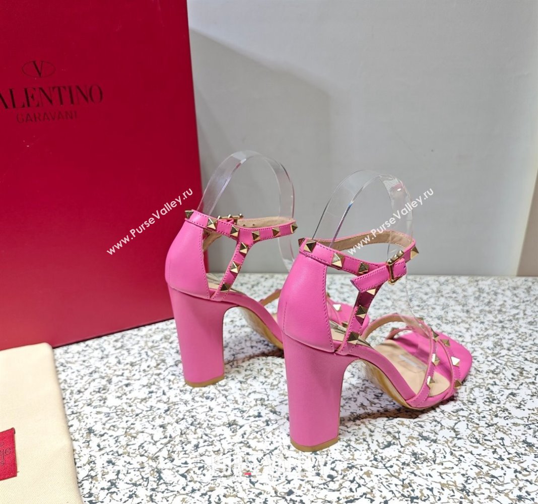 Valentino Heel 10cm Rockstud Leather Chunky-heel Sandals Pink (hongyang-23101256)