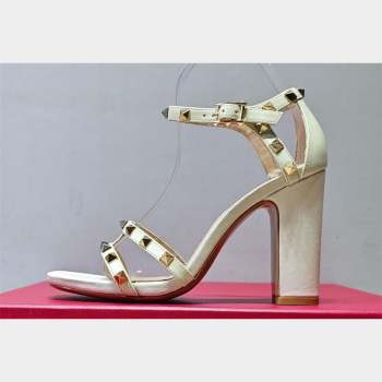 Valentino Heel 10cm Rockstud Leather Chunky-heel Sandals White (hongyang-23101255)