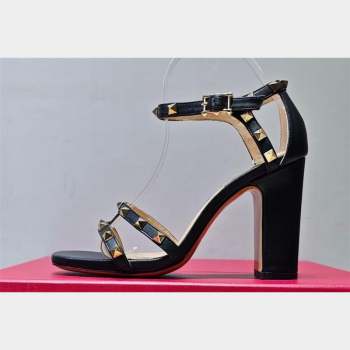 Valentino Heel 10cm Rockstud Leather Chunky-heel Sandals Black (hongyang-23101254)