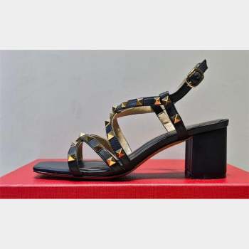 Valentino Heel 6cm Rockstud sandals with straps in calfskin leather Black (hongyang-23101260)