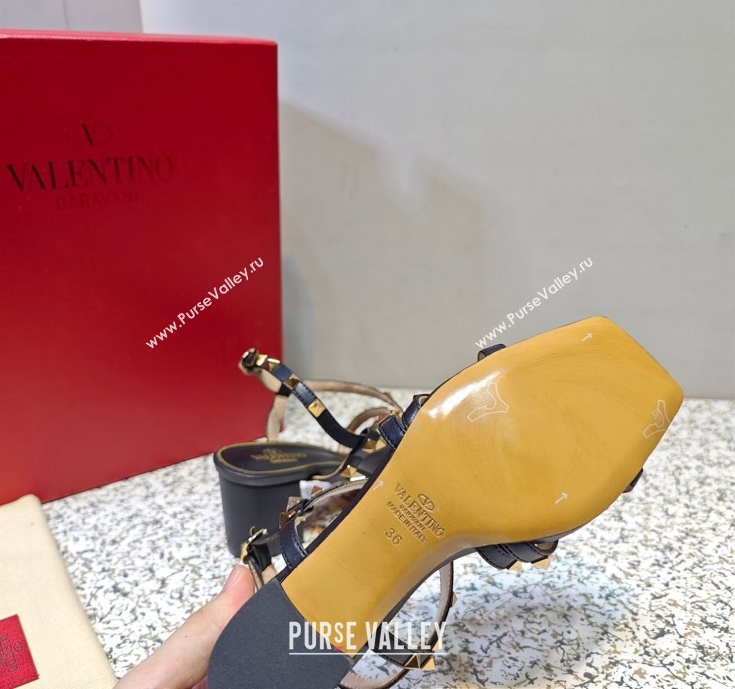 Valentino Heel 6cm Rockstud sandals with straps in calfskin leather Black (hongyang-23101260)