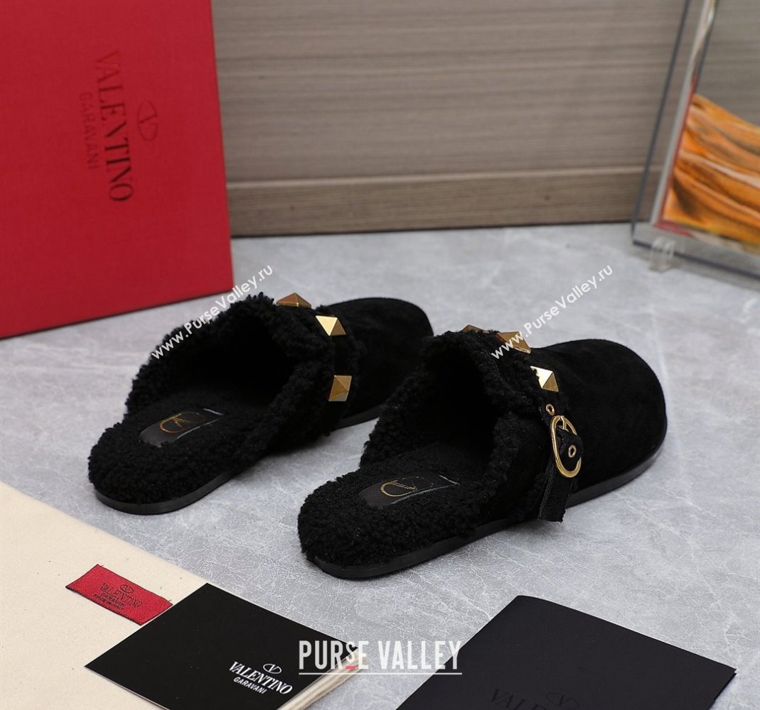 Valentino Shearling Roman Stud Sabots Slip On Mules Black (hongyang-23101205)
