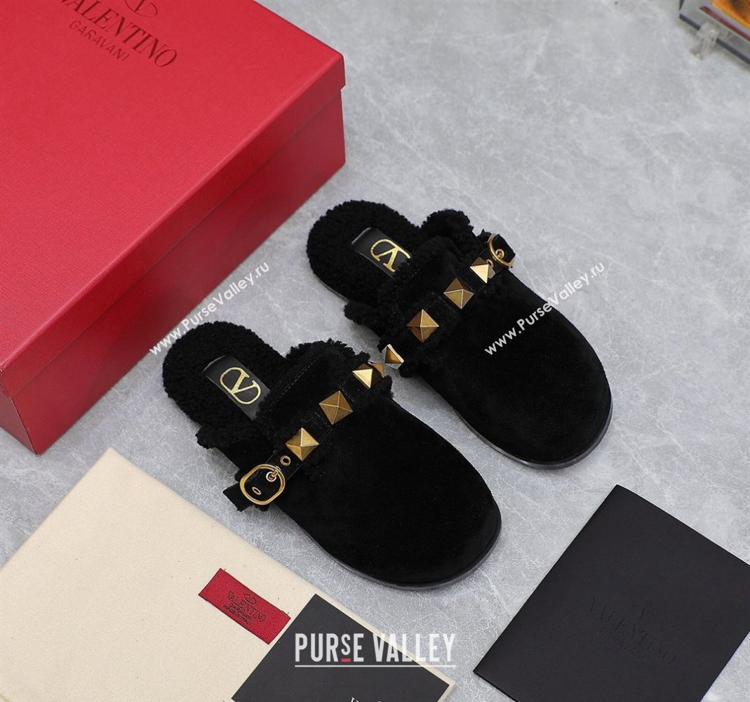 Valentino Shearling Roman Stud Sabots Slip On Mules Black (hongyang-23101205)