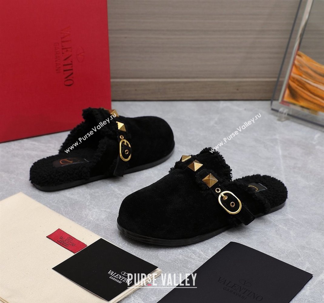 Valentino Shearling Roman Stud Sabots Slip On Mules Black (hongyang-23101205)