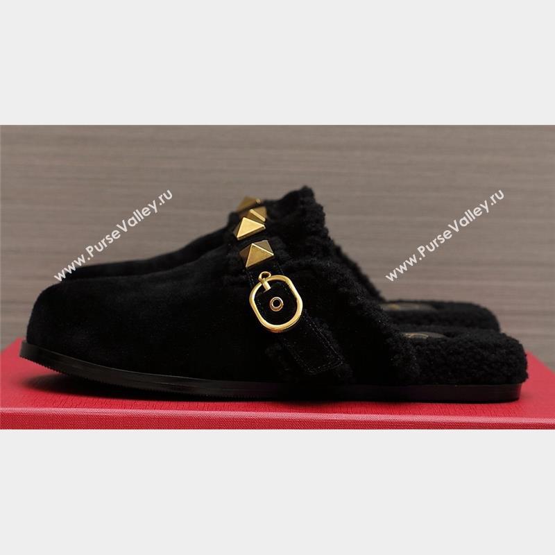 Valentino Shearling Roman Stud Sabots Slip On Mules Black (hongyang-23101205)