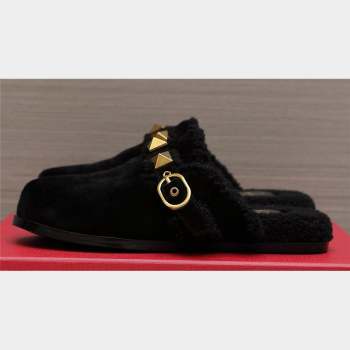 Valentino Shearling Roman Stud Sabots Slip On Mules Black (hongyang-23101205)