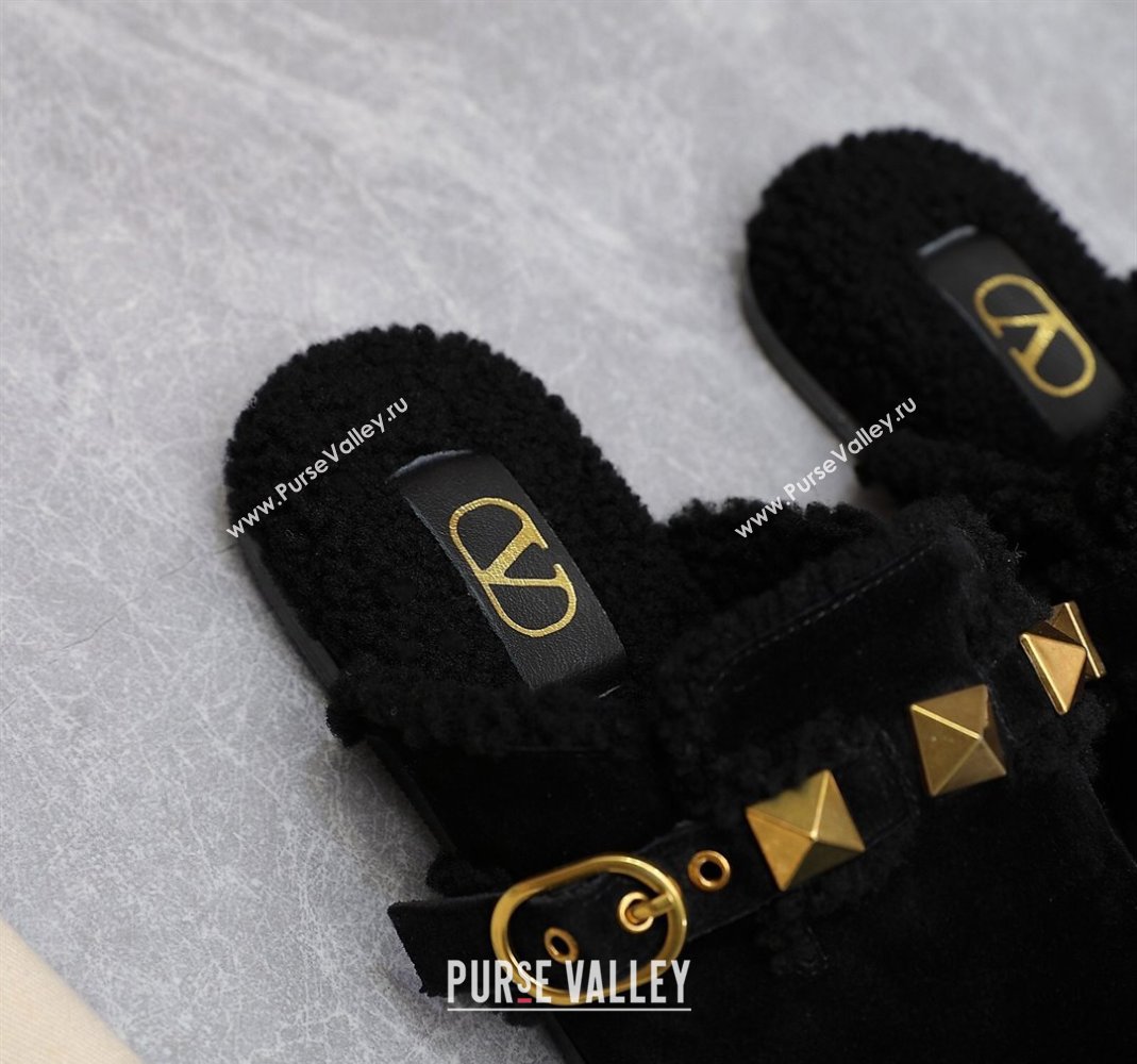 Valentino Shearling Roman Stud Sabots Slip On Mules Black (hongyang-23101205)
