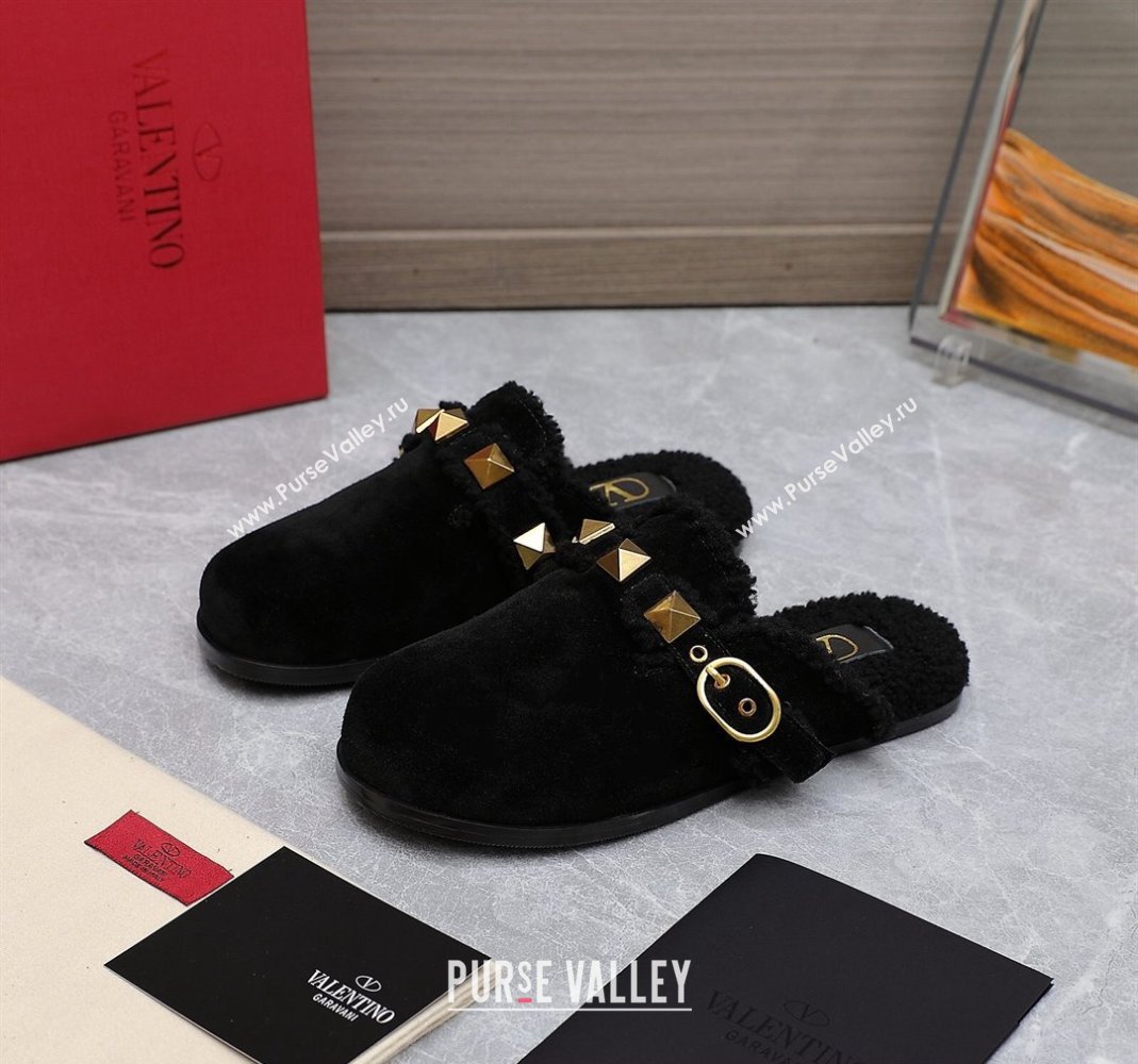 Valentino Shearling Roman Stud Sabots Slip On Mules Black (hongyang-23101205)