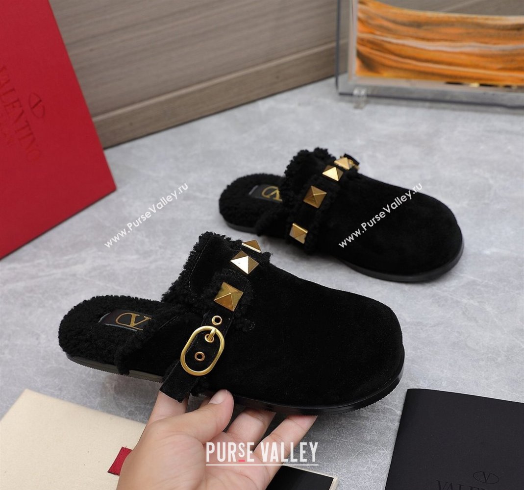 Valentino Shearling Roman Stud Sabots Slip On Mules Black (hongyang-23101205)