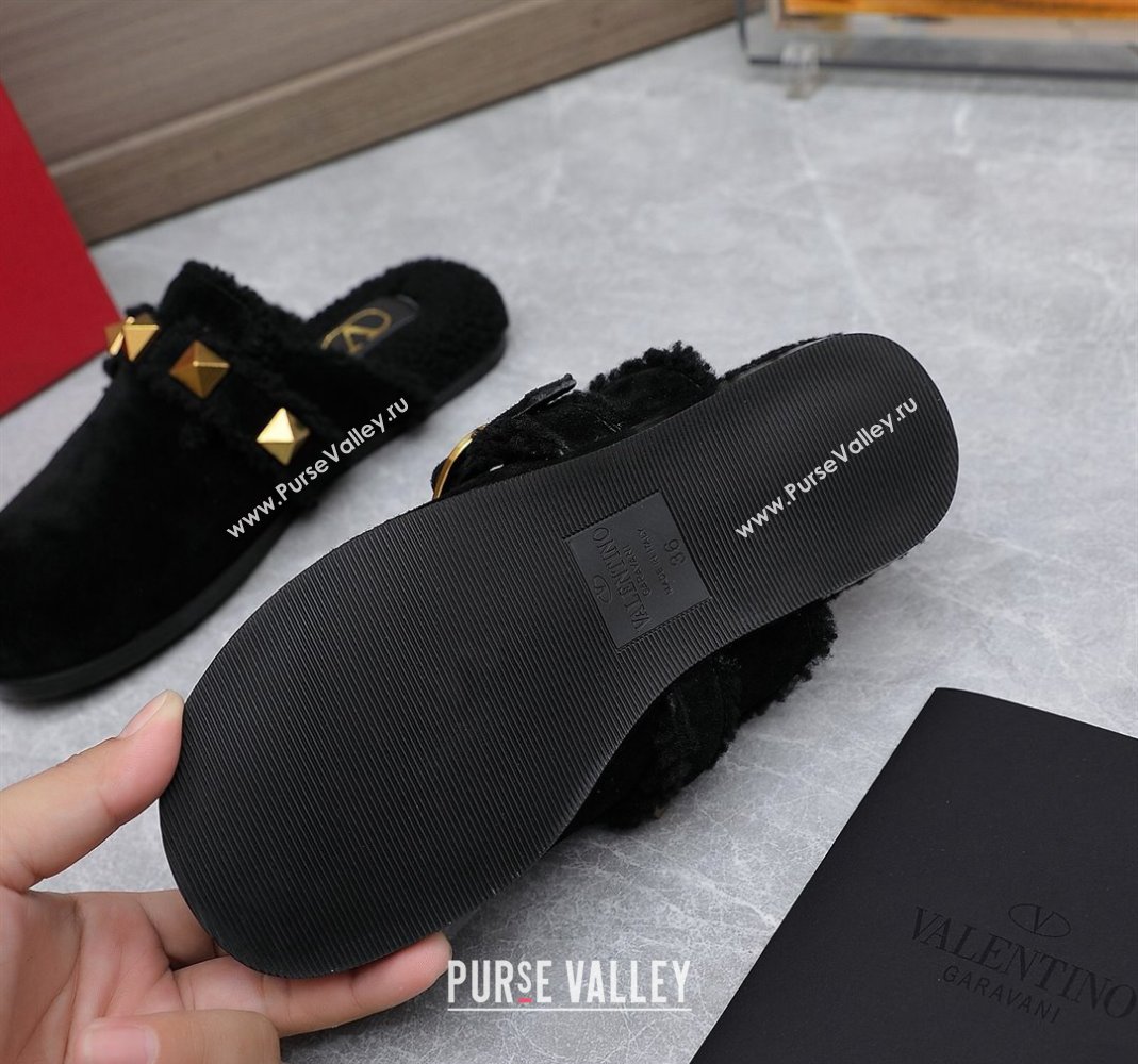 Valentino Shearling Roman Stud Sabots Slip On Mules Black (hongyang-23101205)